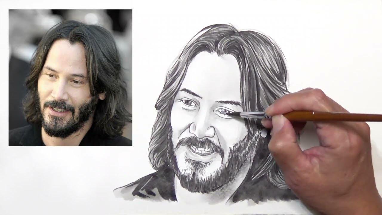 單色水彩畫素描－基努·李維 | 快速描繪臉部表情的素描技巧 | Sketching Keanu Reeves.