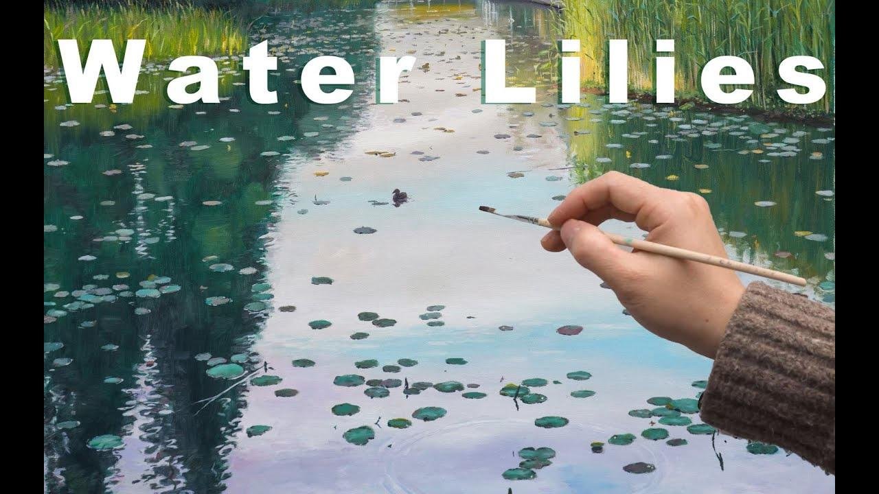 写实风景油画，后滩公园的睡莲池 oil painting Water lily pond in Houtan Park