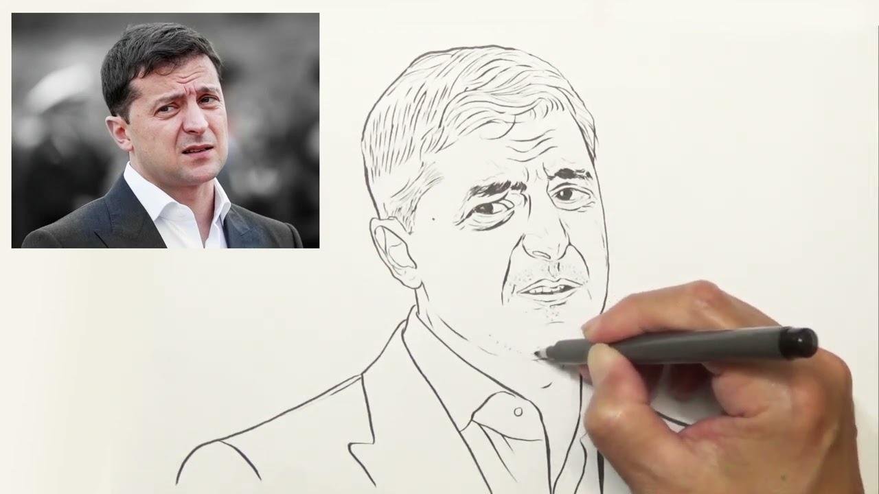 黑線筆素描－澤倫斯基.烏克蘭總統 | 快速描繪臉部表情 | 簡單的明暗處理。