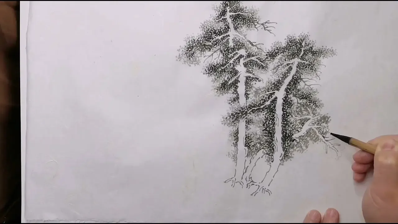 米小鹿示範山水畫中胡椒點樹畫法