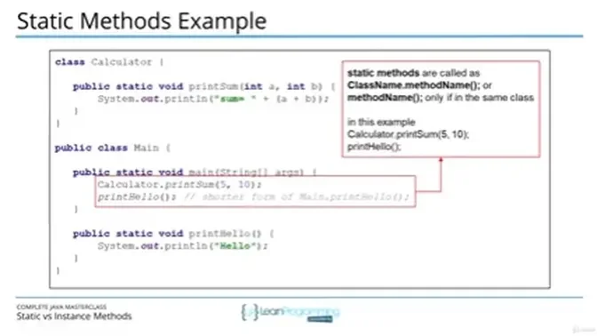 Java Masterclass 06-085 Static vs Instance Methods