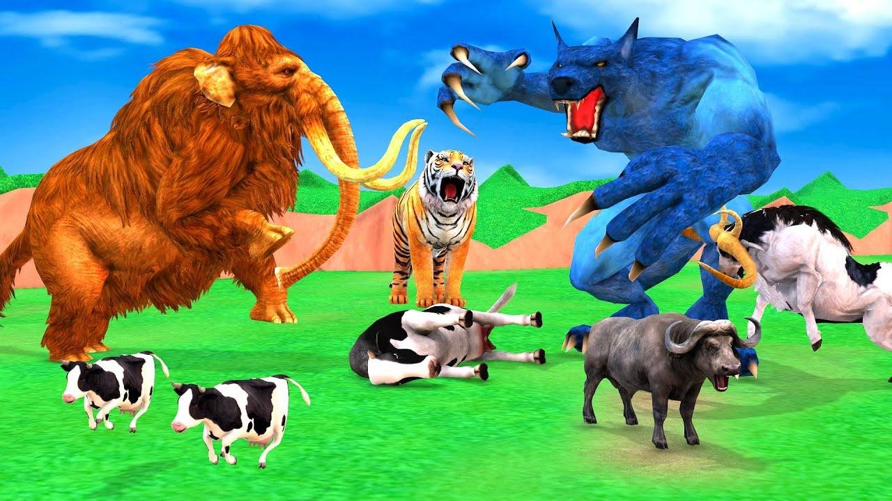 2 Giant Buffaloes Fight Wolf Attacks Cow Cartoon Saved by Tiger Bull Woolly Mammoth Elephant Vs Wolf