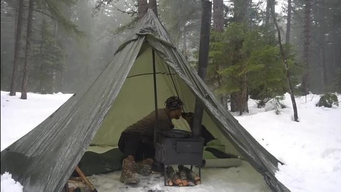 Camping in Heavy Rain - Hot Tent Camping In Deep Snow - Wood stove
