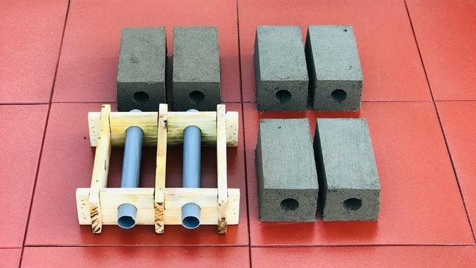 Simple 2 in 1 hole cement brick mold design - From wood and plastic pipes