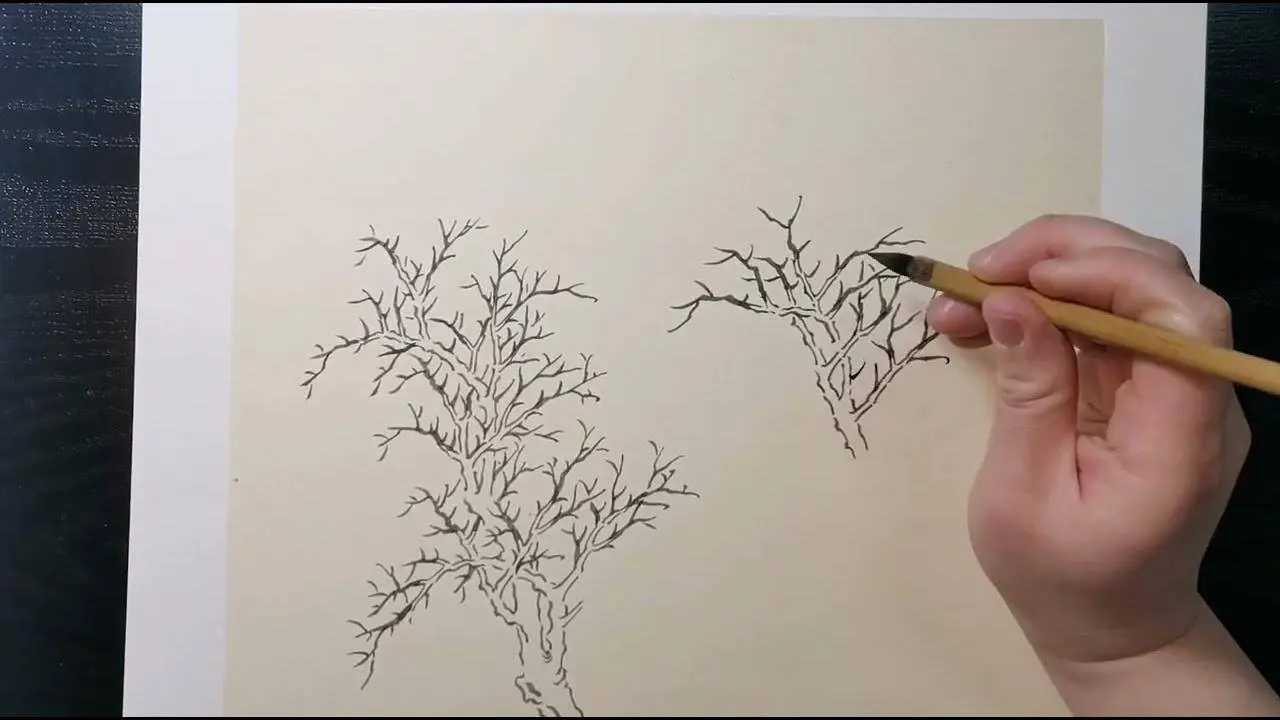 边画边讲，详细讲解山水画中鹿角枝的画法