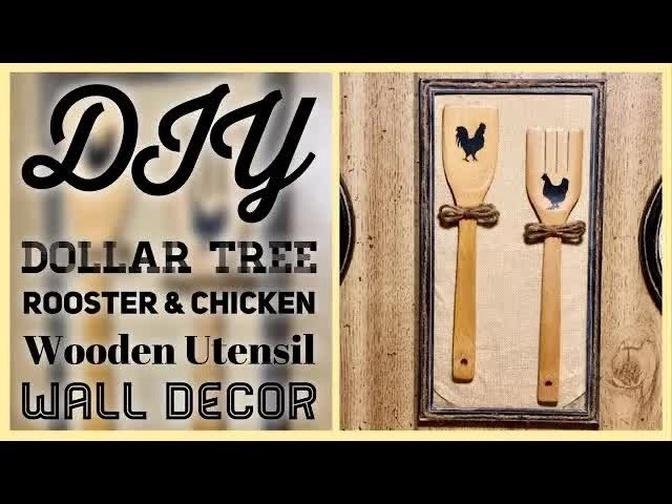 🐓🐔 DIY Dollar Tree Rooster & Chicken Wooden Utensil Wall Decor | Farmhouse Rustic Room Decor