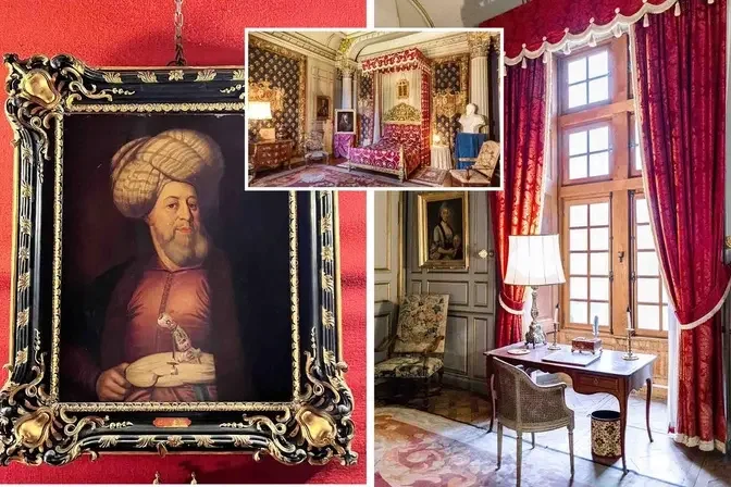 (Left) Claude Alexandre de Bonneval, who was also named the Bonneval Pasha (Courtesy of Marta de Bonneval); Views of the King's Bedroom interior (Right: Courtesy of Aude Lucas Fine Art Wedding Photography/ Inset: Courtesy of Daria Lorman Photography).