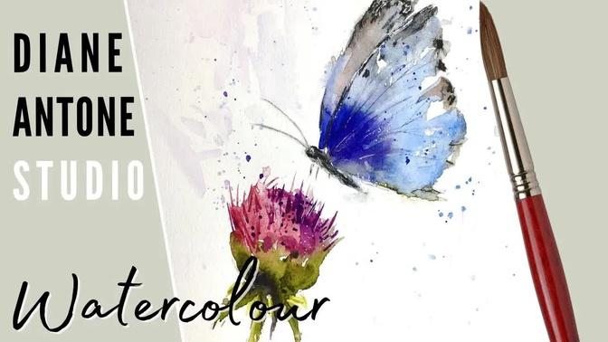 How to Paint a Loose Butterfly and Thistle Flower - Full Watercolor Tutorial Step by Step Real Time