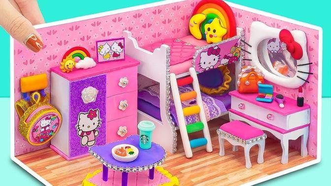 DIY Miniature Clay House ❤️ How To Build Dream Pink Hello Kitty Bedroom, Rainbow Slide, Makeup Set
