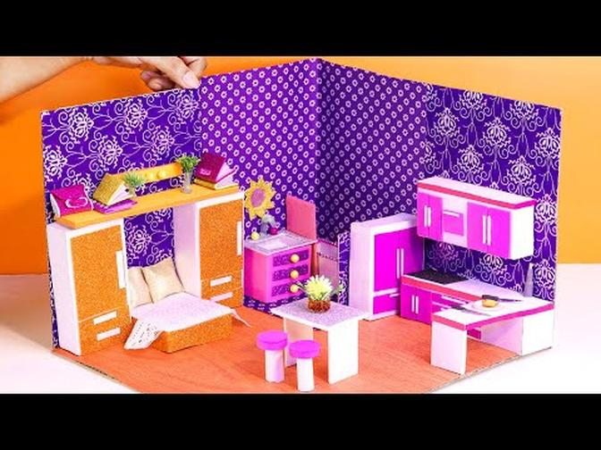 DIY Miniature House #01 ❤️ Make Beautiful Pink Bed and Kitchen From Cardboard